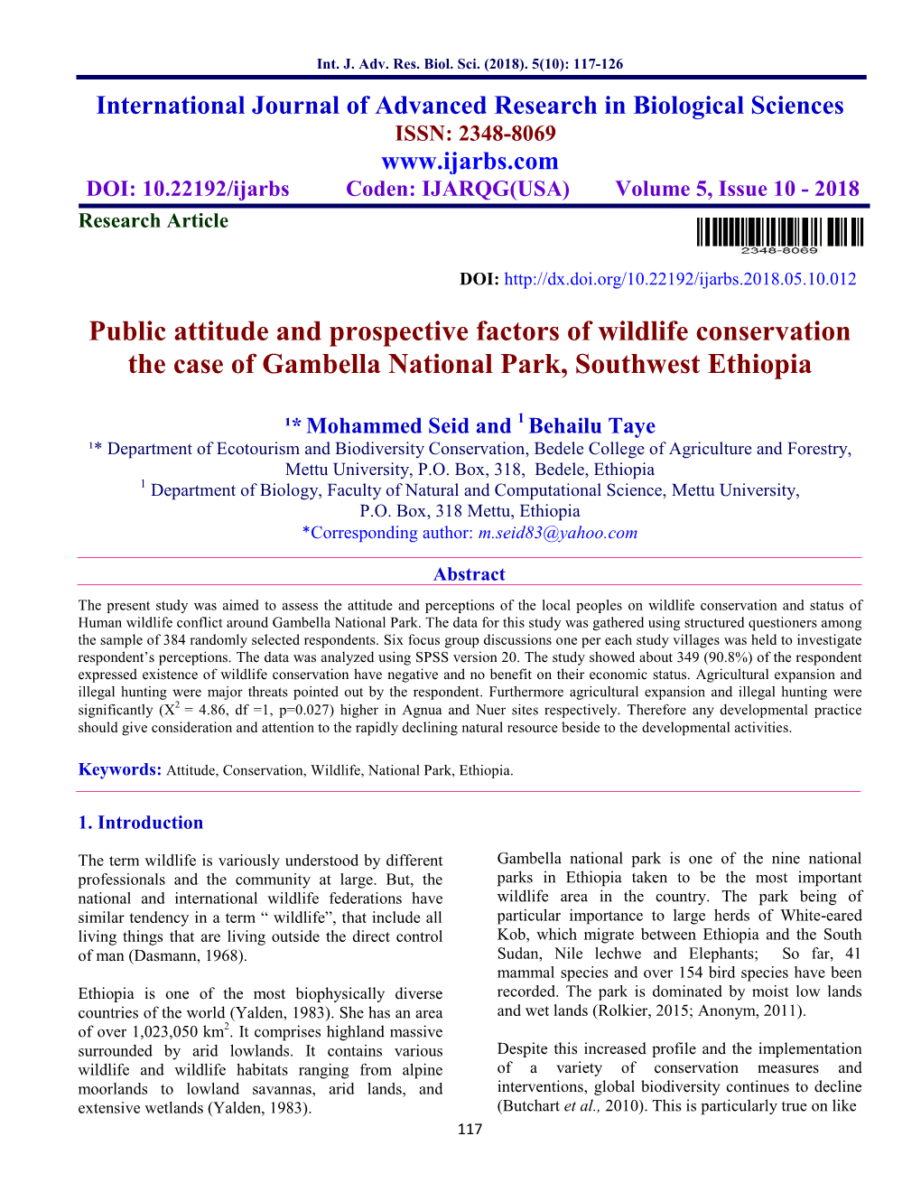 Public Attitude and Prospective Factors of Wildlife Conservation the Case of Gambella National Park, Southwest Ethiopia