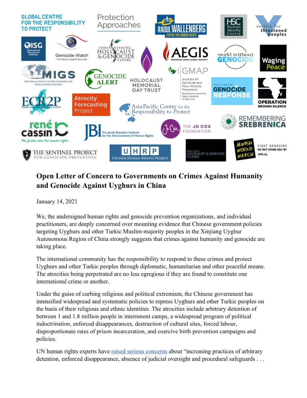 Open Letter of Concern to Governments on Crimes Against Humanity and Genocide Against Uyghurs in China
