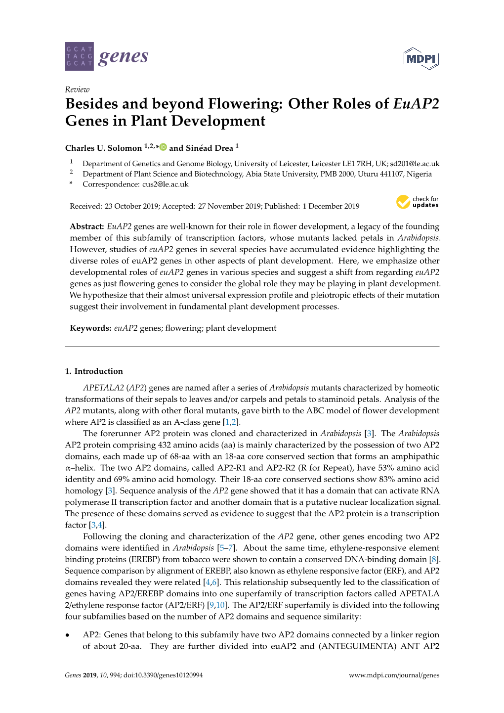 Besides and Beyond Flowering: Other Roles of Euap2 Genes in Plant Development