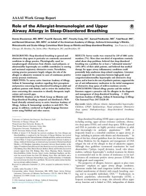 Role of the Allergist-Immunologist and Upper Airway Allergy in Sleep-Disordered Breathing