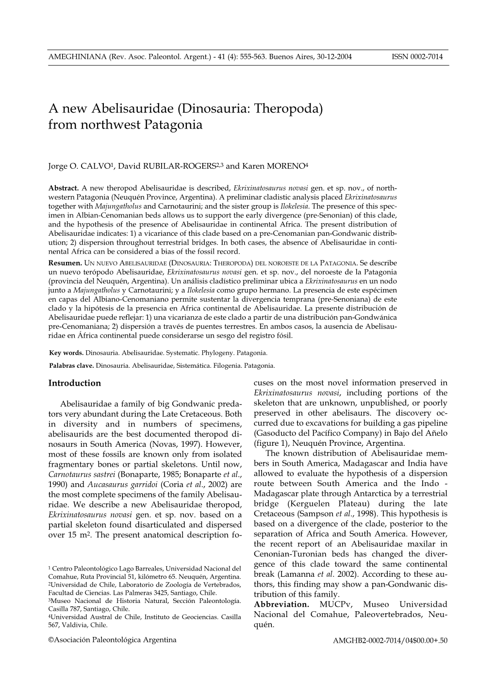 A New Abelisauridae (Dinosauria: Theropoda) from Northwest Patagonia