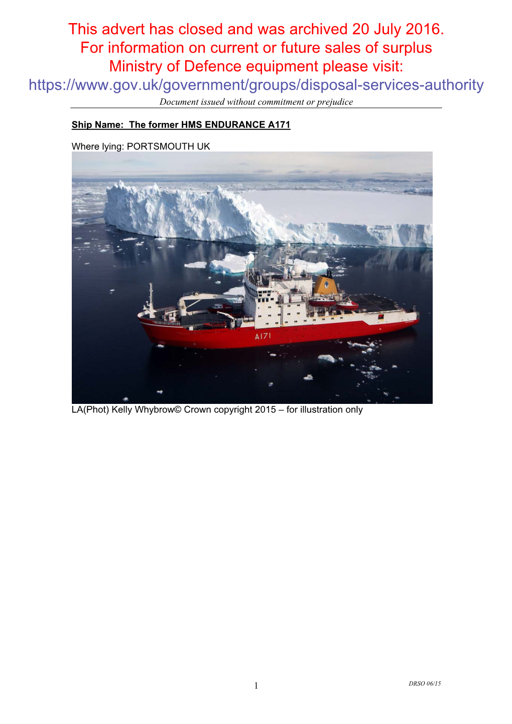 Sales Particulars: Former HMS Endurance A171 (Archived 20 July