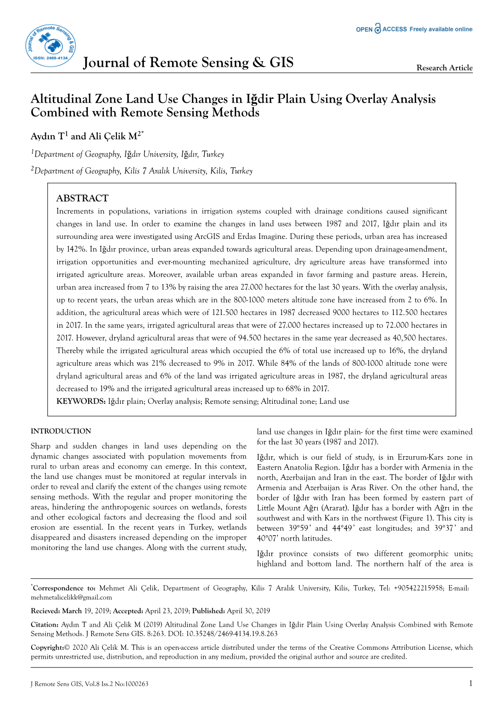 Altitudinal Zone Land Use Changes in Iğdir Plain Using Overlay Analysis Combined with Remote Sensing Methods