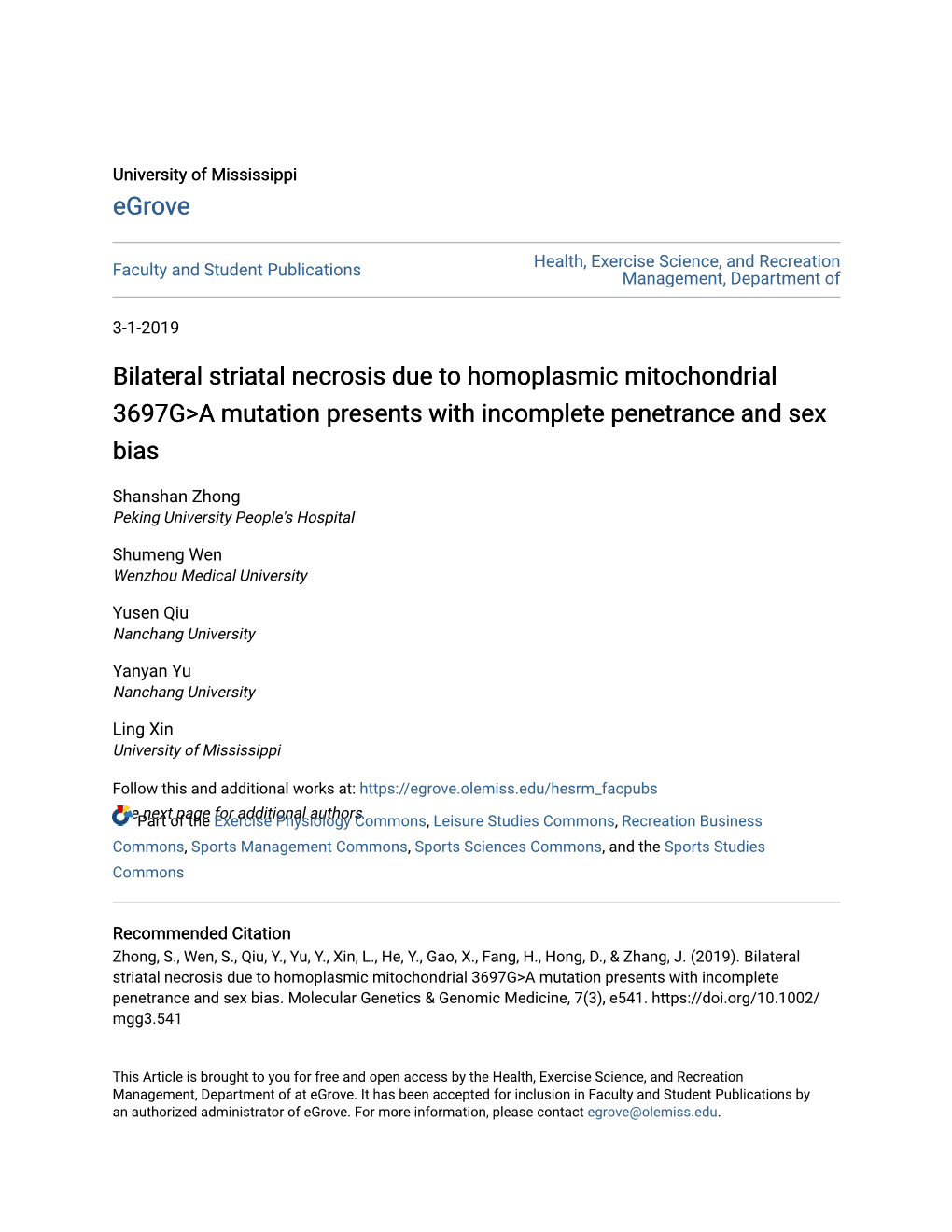 Bilateral Striatal Necrosis Due to Homoplasmic Mitochondrial 3697G>A Mutation Presents with Incomplete Penetrance and Sex Bias