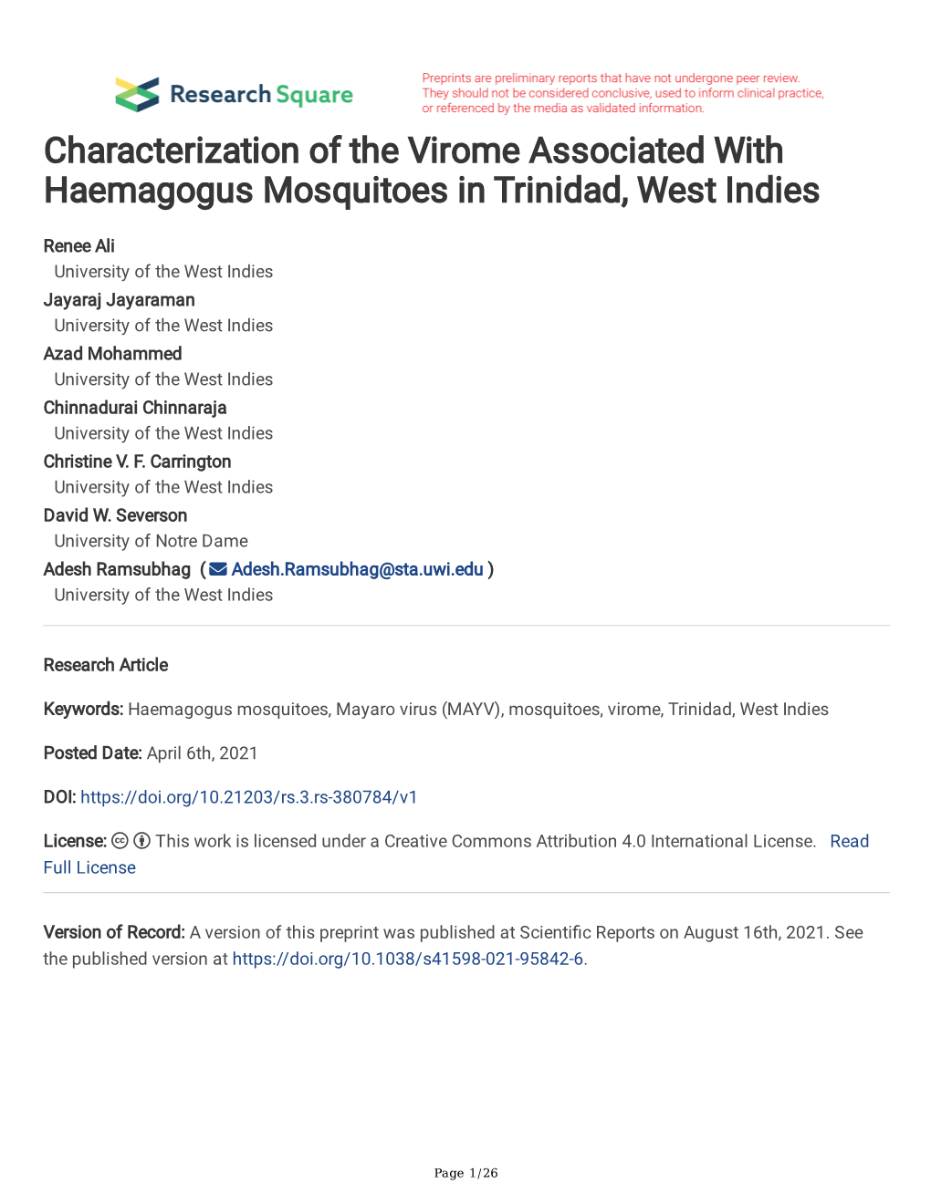 Characterization of the Virome Associated with Haemagogus Mosquitoes in Trinidad, West Indies