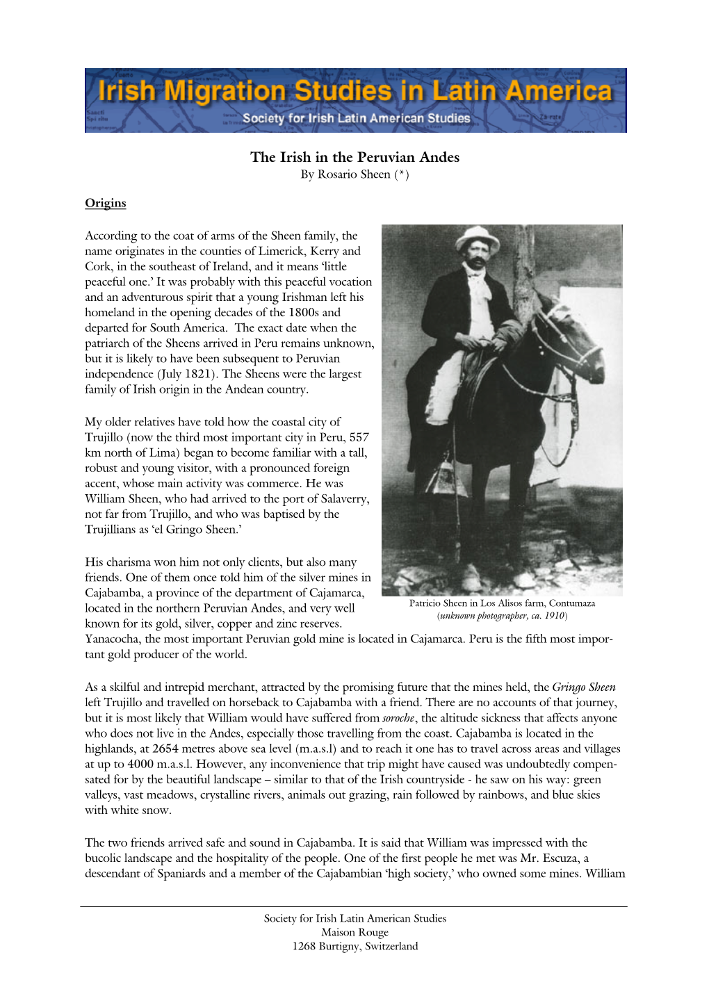 The Irish in the Peruvian Andes by Rosario Sheen (*)