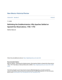 Rethinking the Establecimientos: Why Apaches Settled on Spanish-Run Reservations, 1786–1793