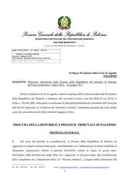 Procura Generale Della Repubblica Di Palermo1 SEGRETERIA PARTICOLARE DEL PROCURATORE GENERALE GESTIONE MAGISTRATI P.Zza V.E