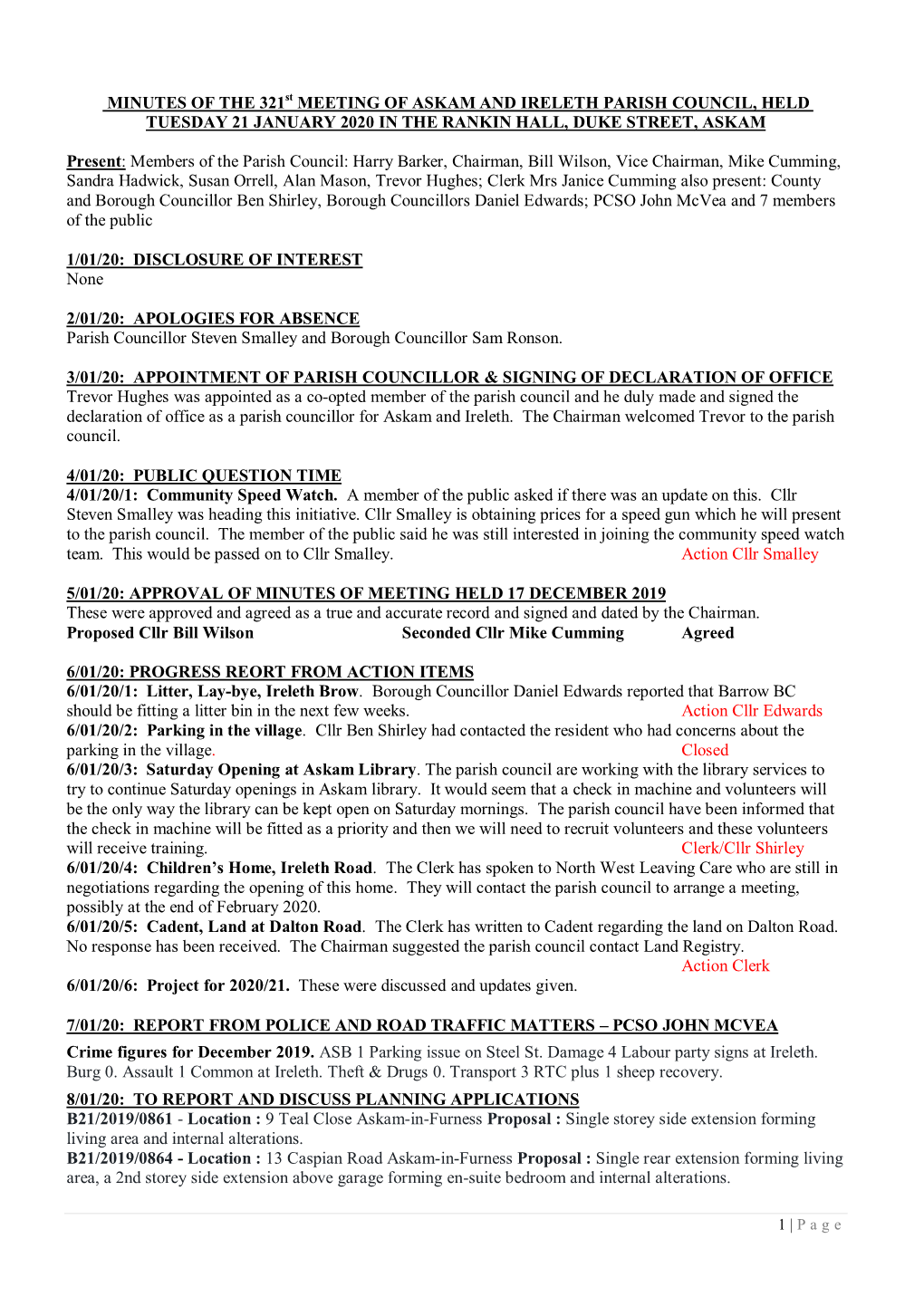 MINUTES of the 321St MEETING of ASKAM and IRELETH PARISH COUNCIL, HELD TUESDAY 21 JANUARY 2020 in the RANKIN HALL, DUKE STREET, ASKAM