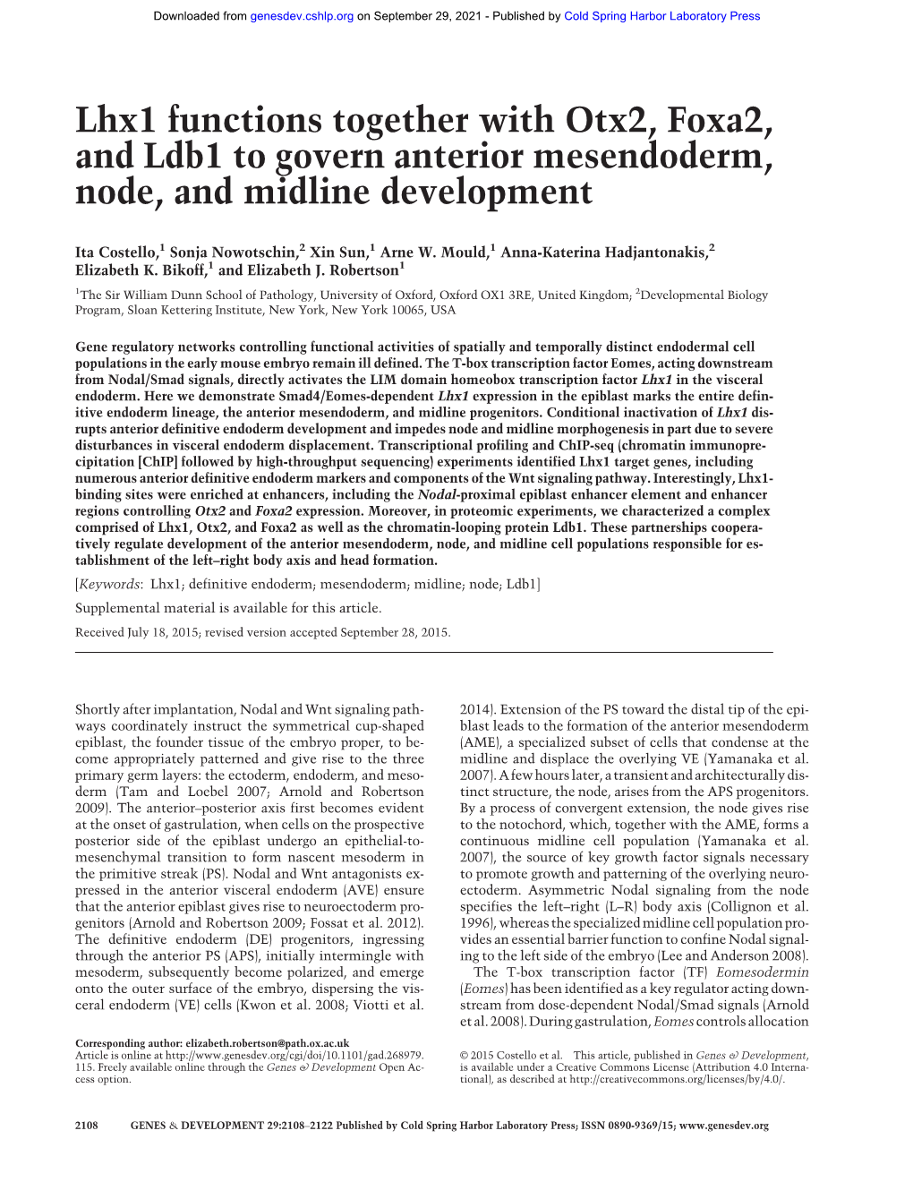 Lhx1 Functions Together with Otx2, Foxa2, and Ldb1 to Govern Anterior Mesendoderm, Node, and Midline Development