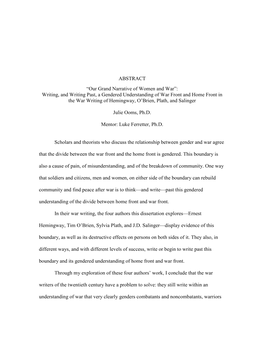 ABSTRACT “Our Grand Narrative of Women and War”: Writing, And