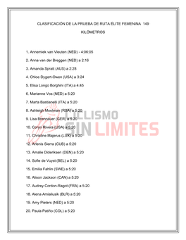 CLASIFICACIÓN DE LA PRUEBA DE RUTA ÉLITE FEMENINA 149 KILÓMETROS 1. Annemiek Van Vleuten