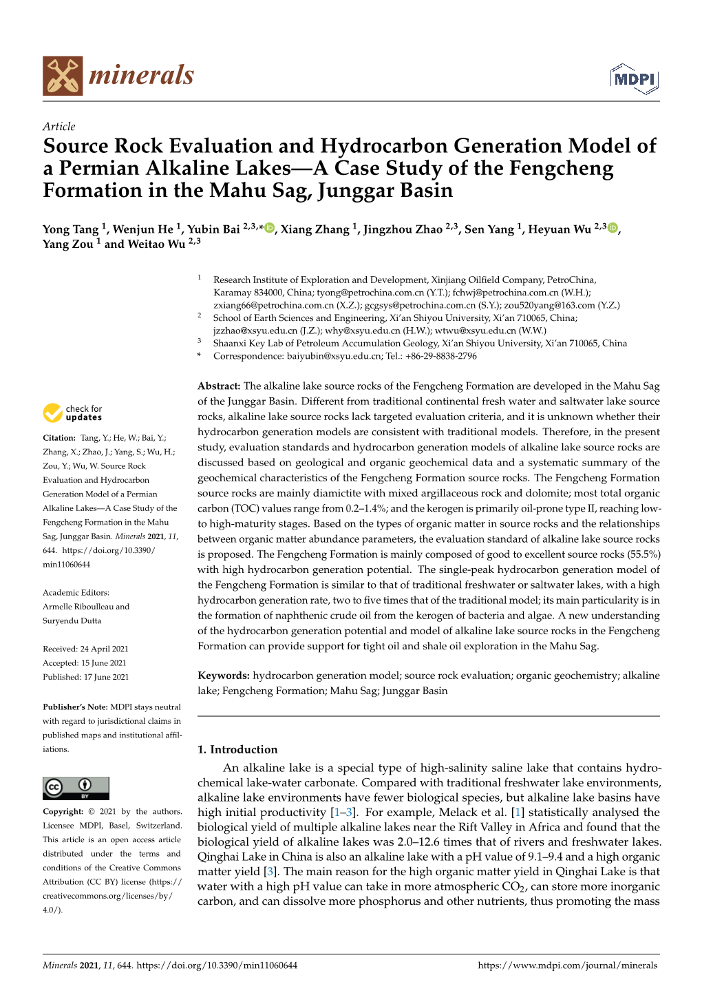 Source Rock Evaluation and Hydrocarbon Generation Model of a Permian Alkaline Lakes—A Case Study of the Fengcheng Formation in the Mahu Sag, Junggar Basin