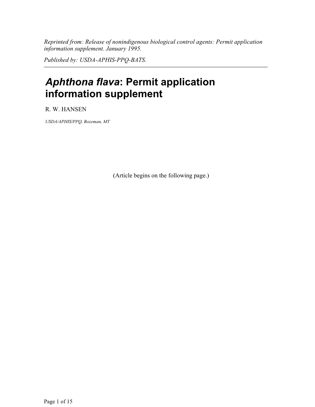 Aphthona Flava: Permit Application Information Supplement