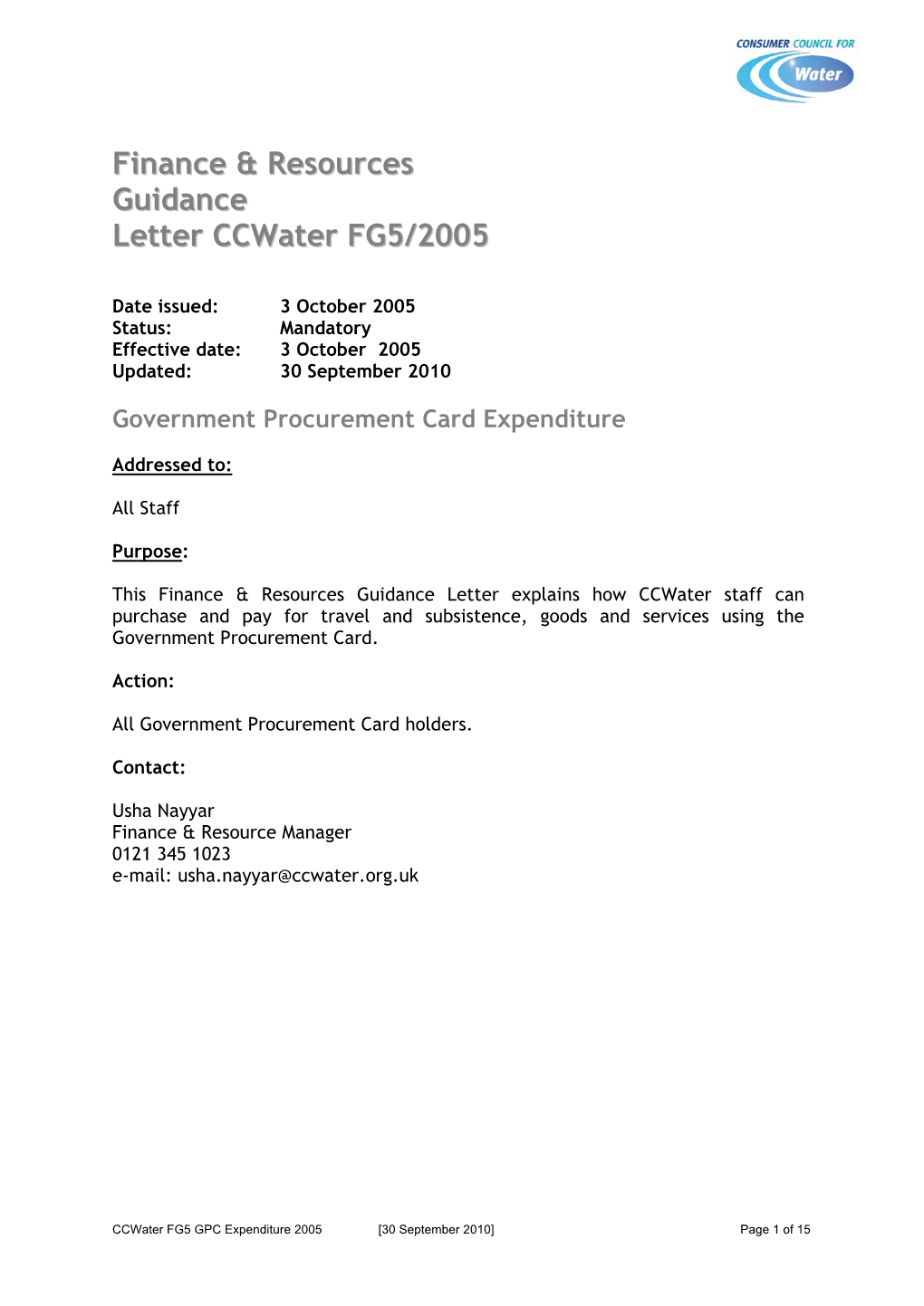 Finance & Resources Guidance Letter Ccwater FG5/2005