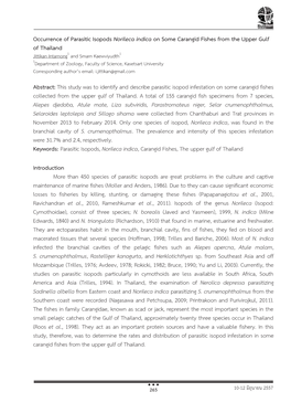 Occurrence of Parasitic Isopods Norileca Indica on Some Carangid Fishes from the Upper Gulf of Thailand Abstract: This Study