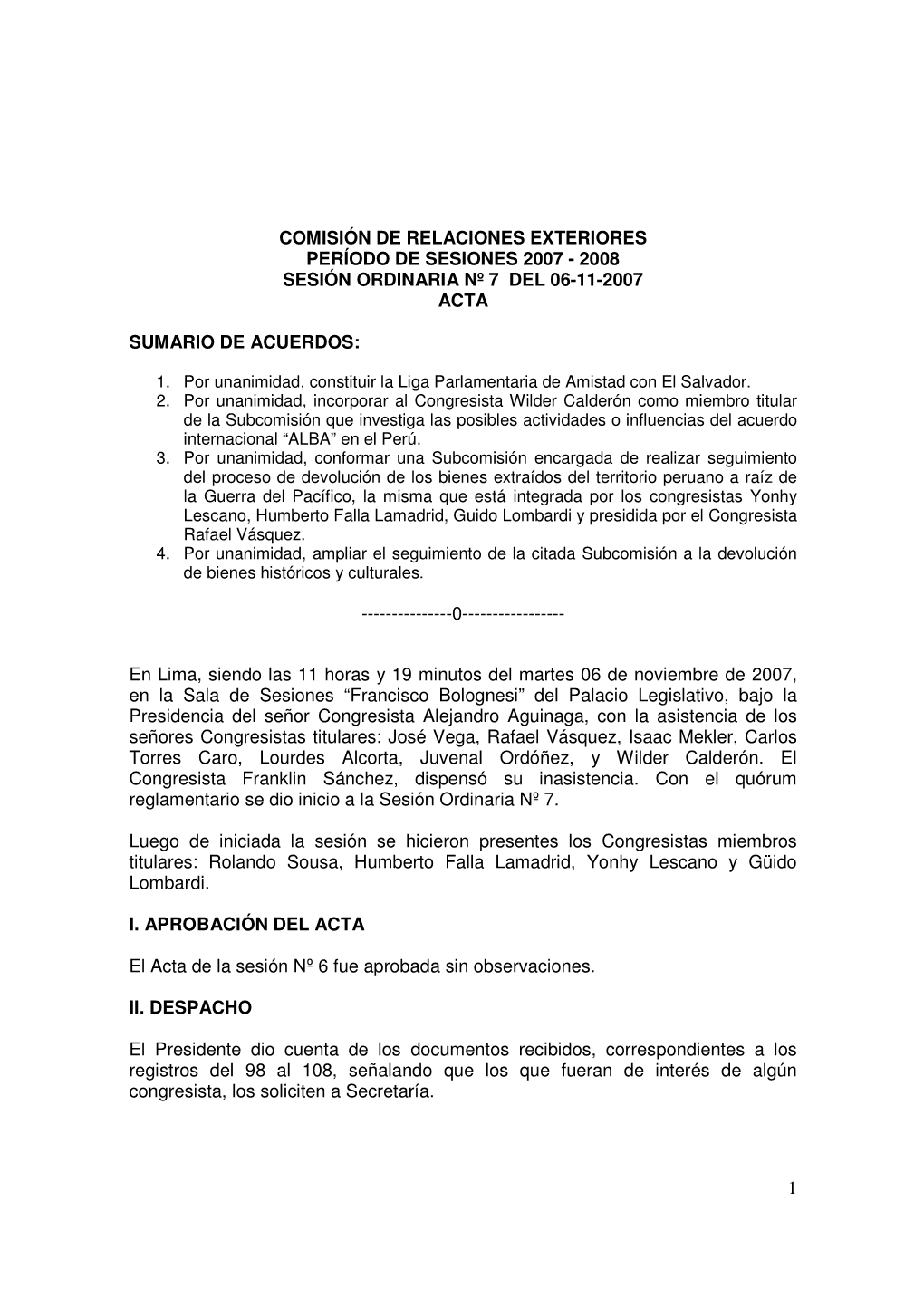 1 Comisión De Relaciones Exteriores Período De Sesiones 2007