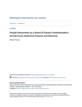 People's Movements As a Strand of Popular Constitutionalism: Driving Forces, Distinctive Features, and Dilemmas