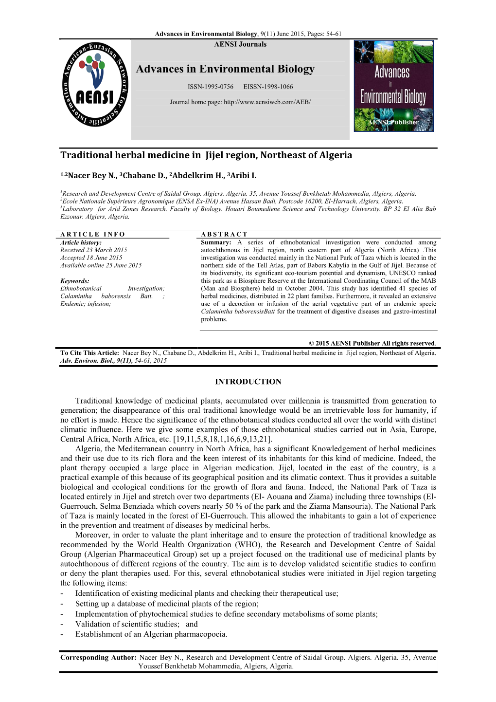 Advances in Environmental Biology, 9(11) June 2015, Pages: 54-61 AENSI Journals
