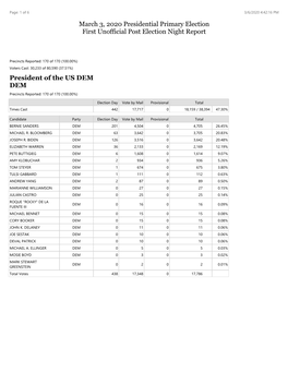 March 3, 2020 Presidential Primary Election First Unofficial Post Election Night Report