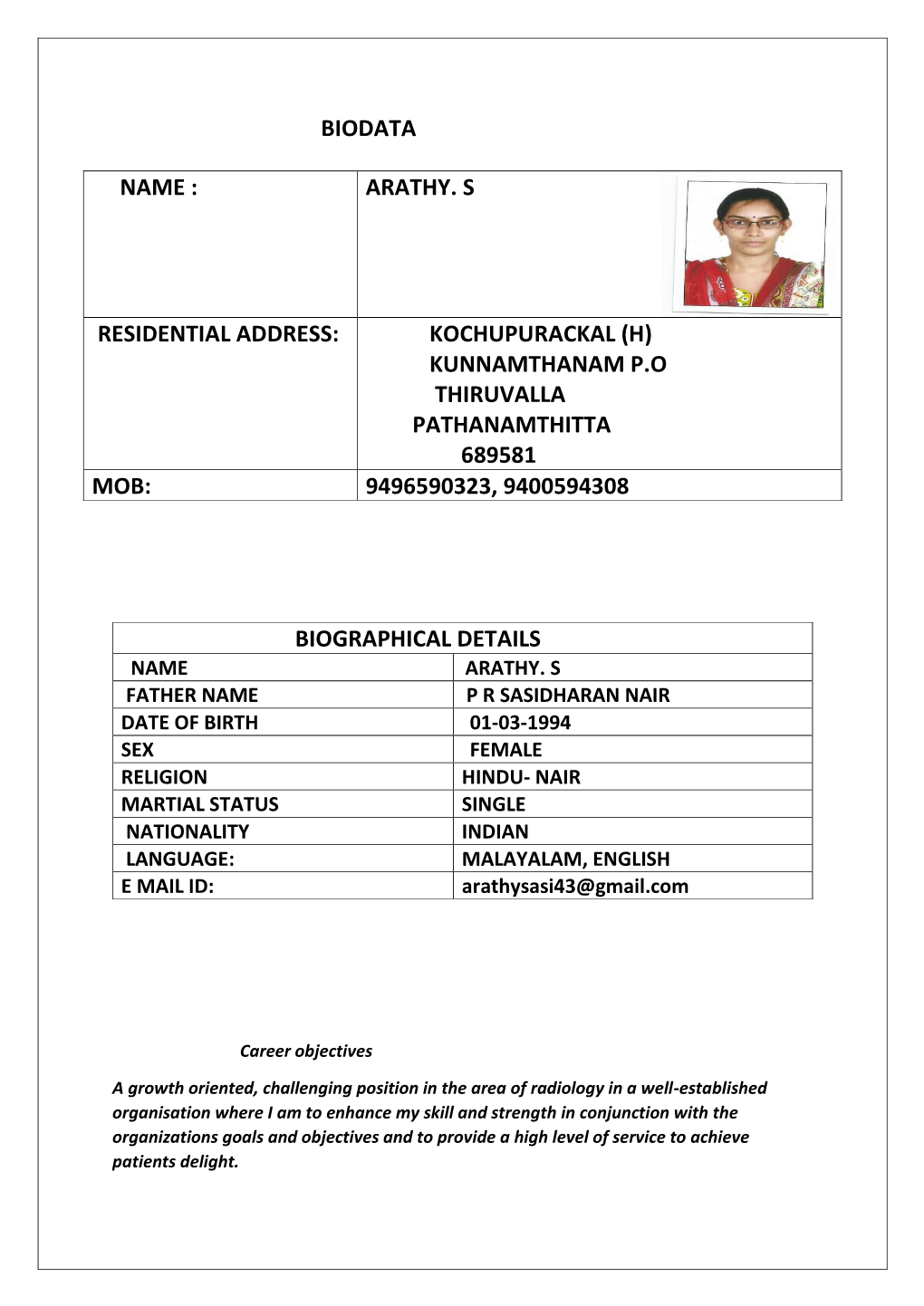 Biodata Name : Arathy. S Residential Address: Kochupurackal (H) Kunnamthanam P.O Thiruvalla Pathanamthitta 689581
