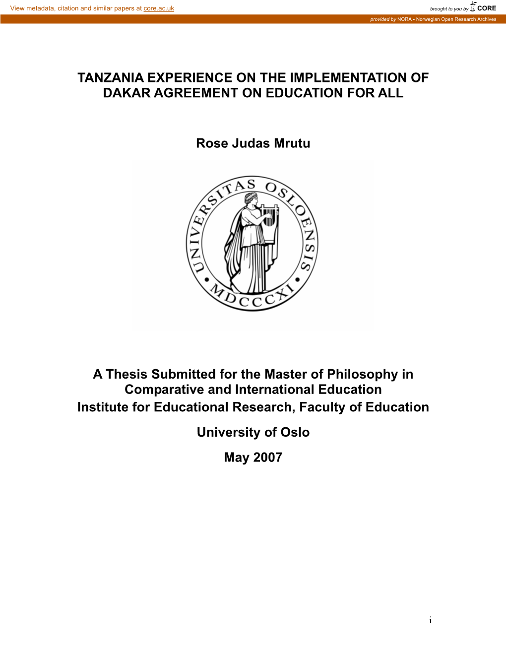 Tanzania Experience on the Implementation of Dakar Agreement on Education for All