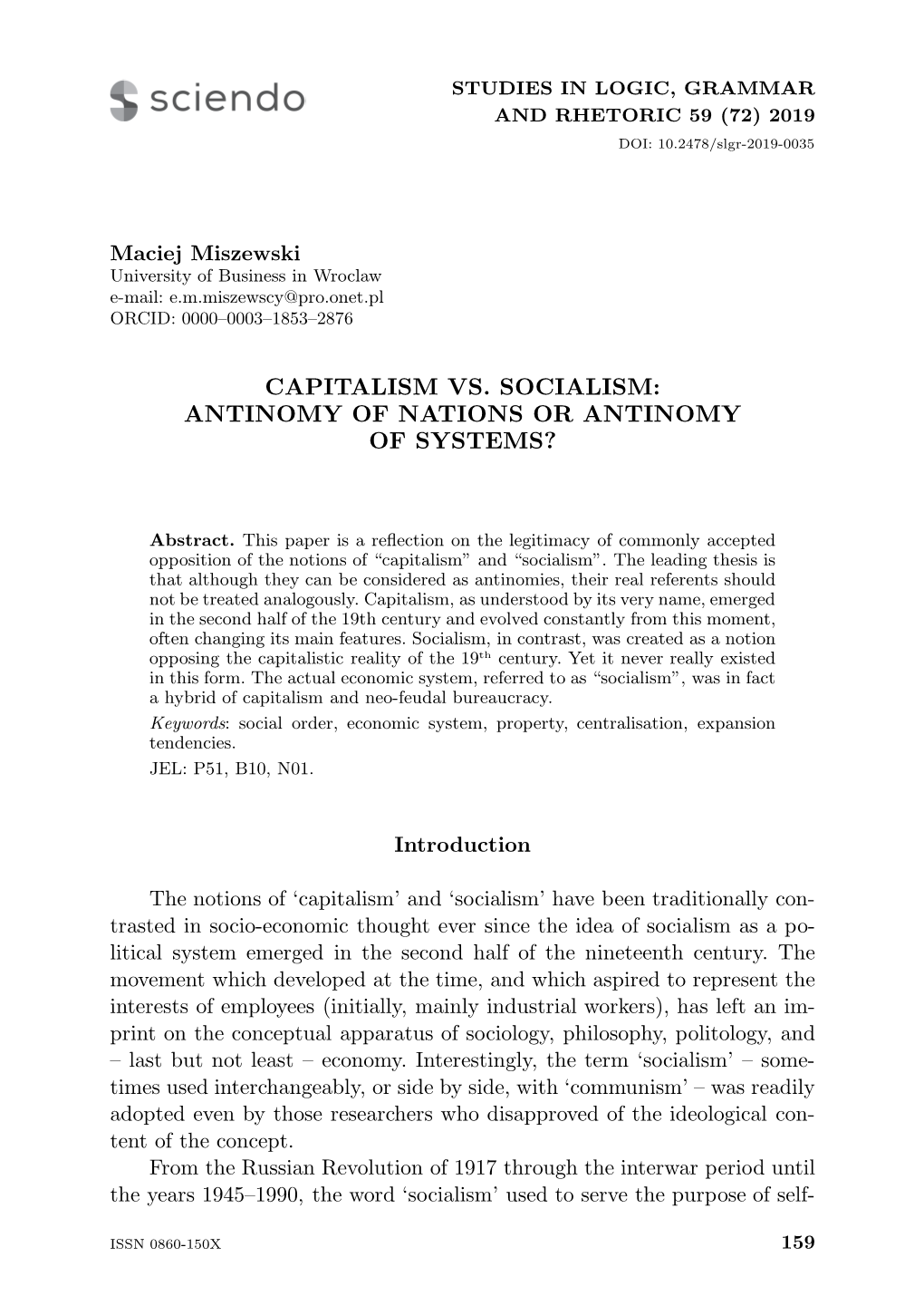 Capitalism Vs. Socialism: Antinomy of Nations Or Antinomy of Systems?
