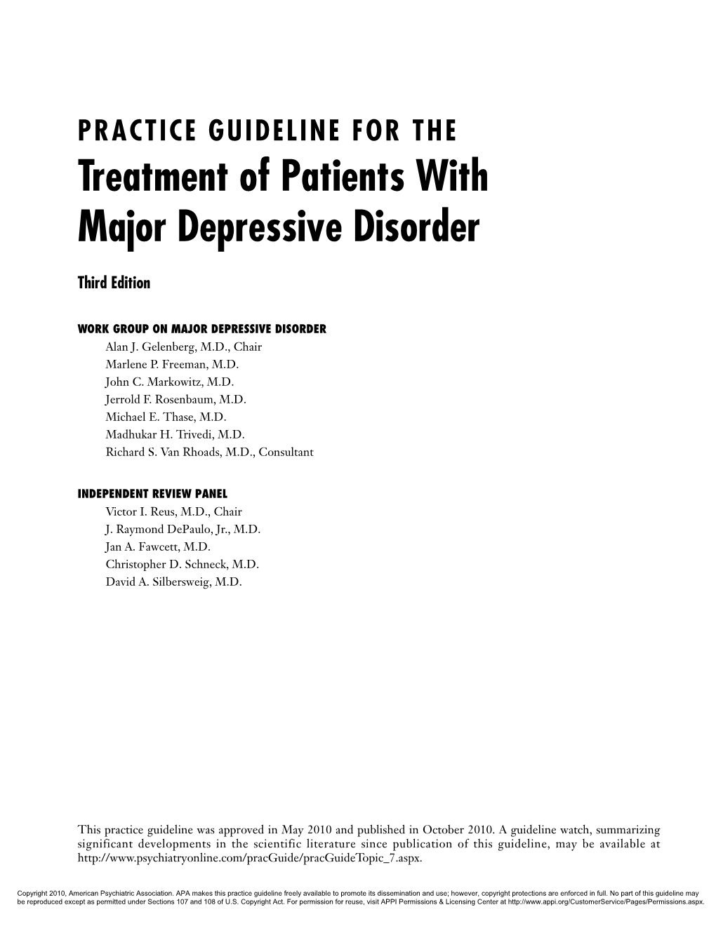 Treatment of Patients with Major Depressive Disorder