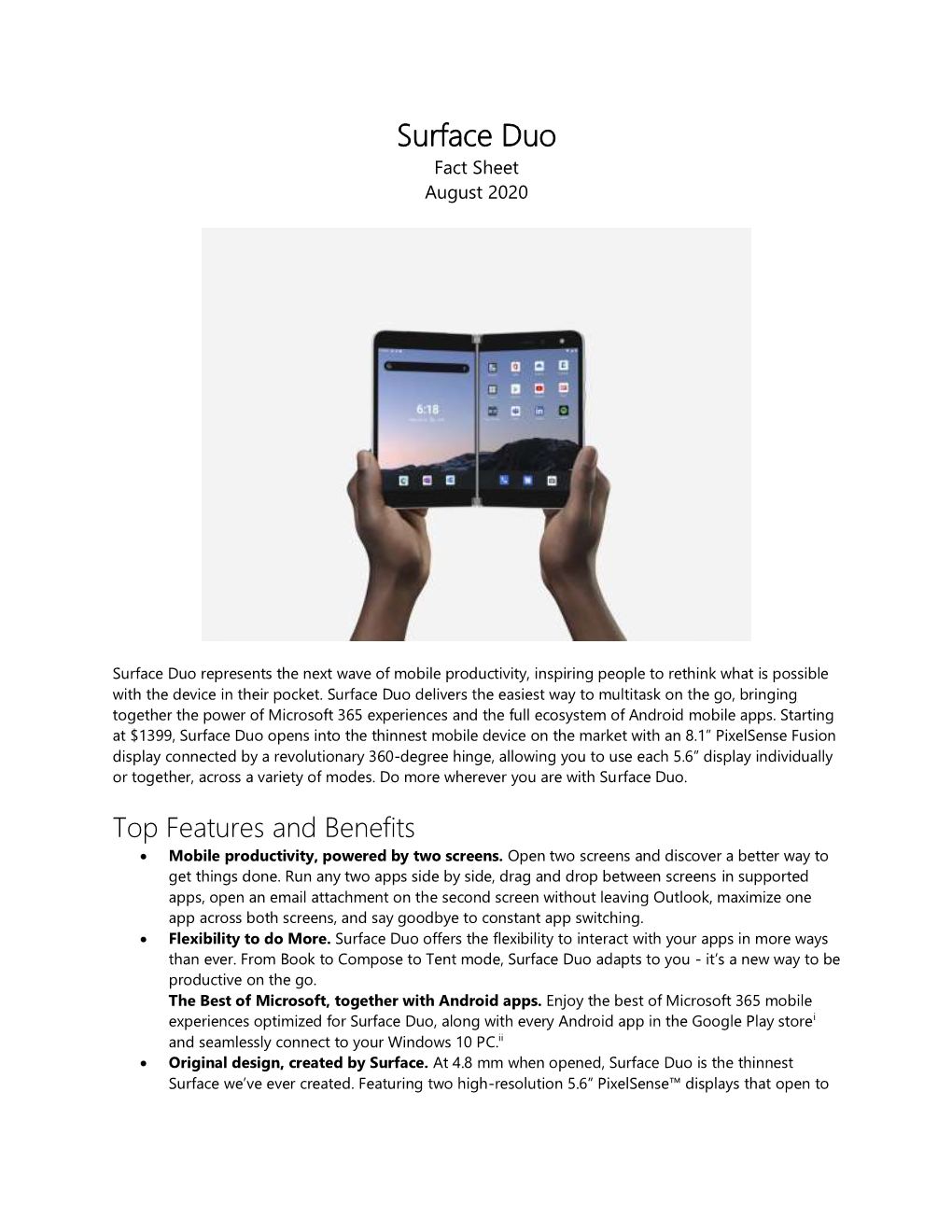 Surface Duo Fact Sheet August 2020
