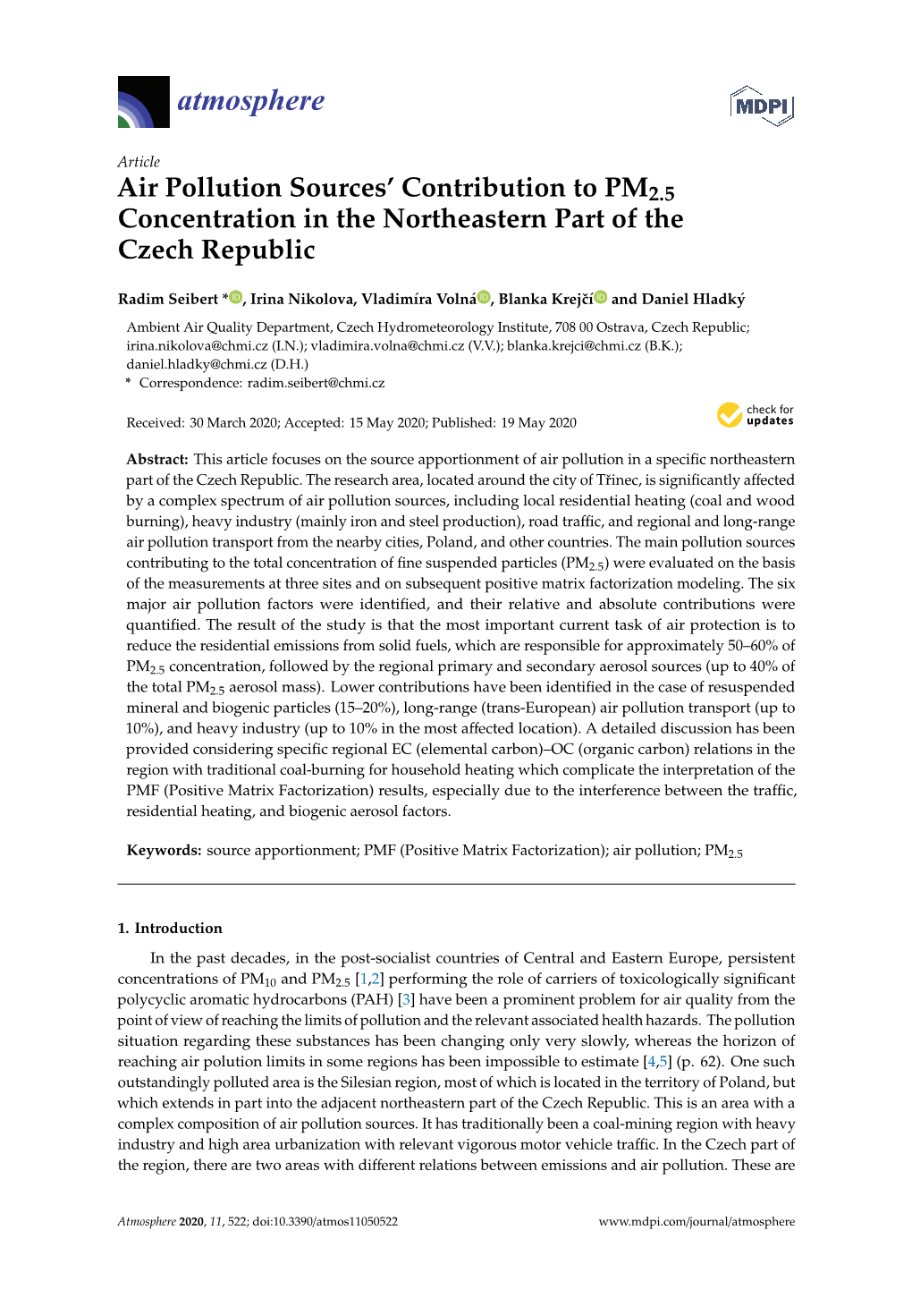 Air Pollution Sources' Contribution to PM2.5 Concentration in the Northeastern Part of the Czech Republic