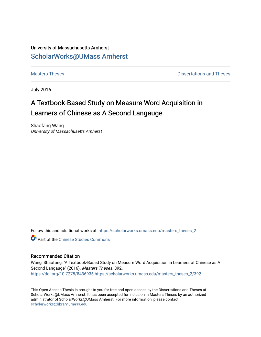 A Textbook-Based Study on Measure Word Acquisition in Learners of Chinese As a Second Langauge