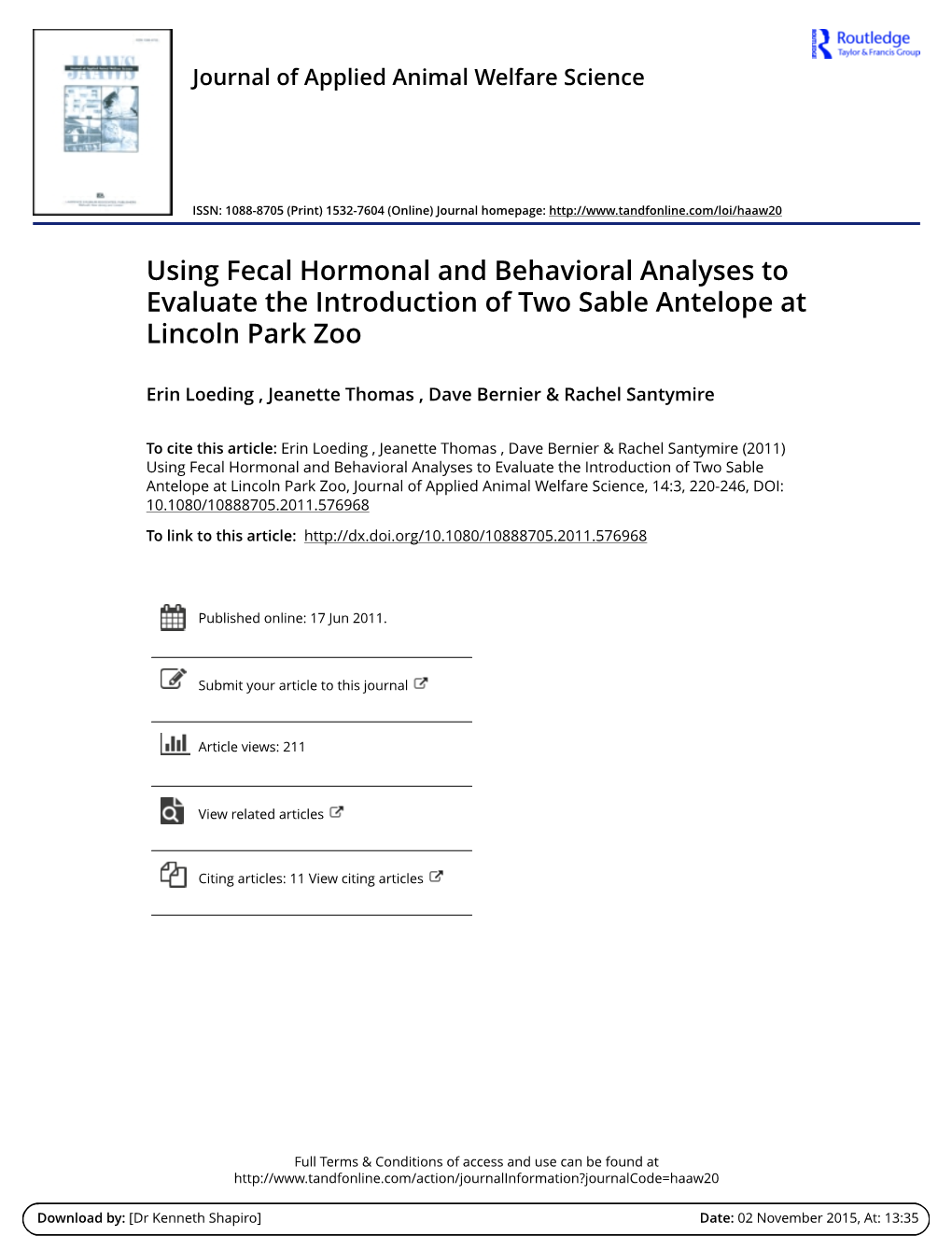 Using Fecal Hormonal and Behavioral Analyses to Evaluate the Introduction of Two Sable Antelope at Lincoln Park Zoo