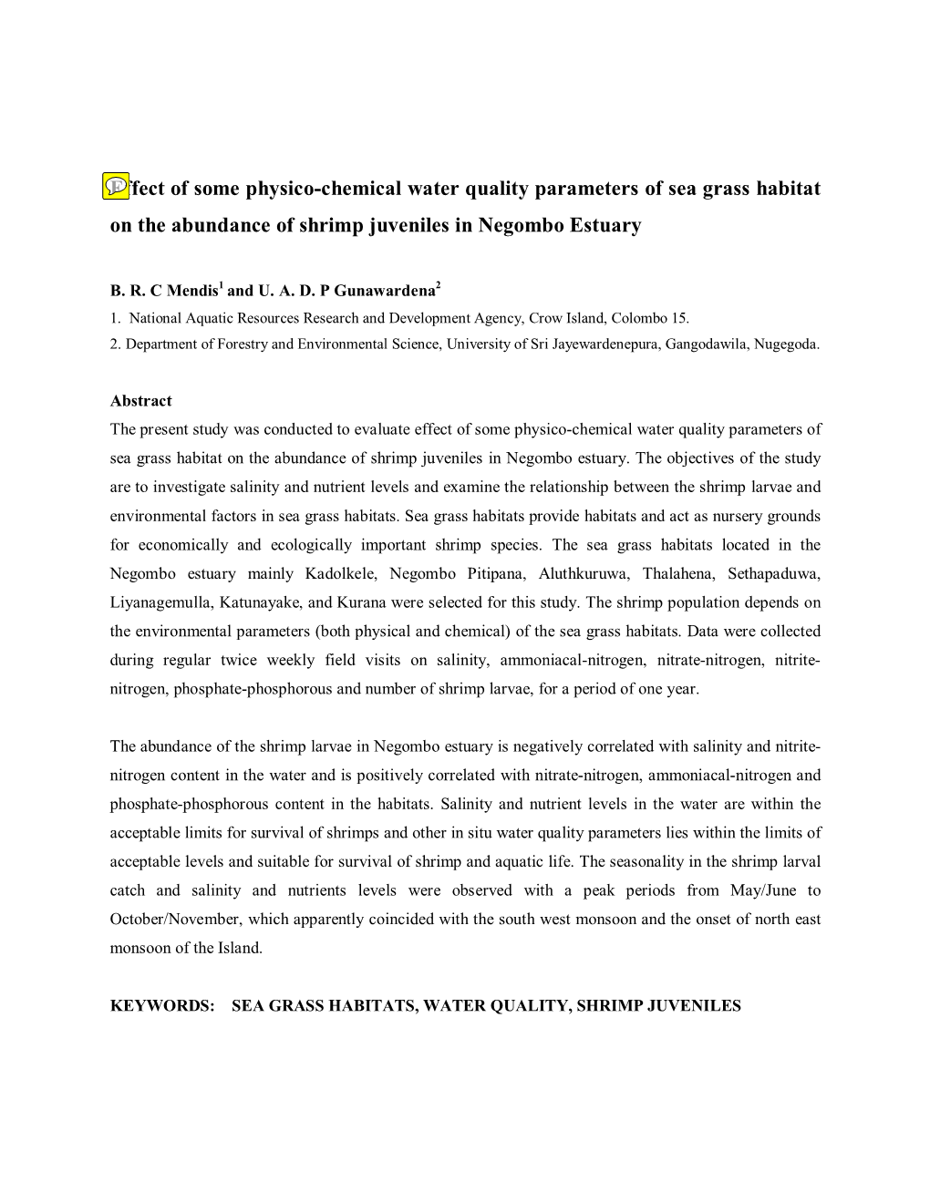 Physico-Chemical Water Quality Parameters of Sea Grass Habitat on the Abundance of Shrimp Juveniles in Negombo Estuary