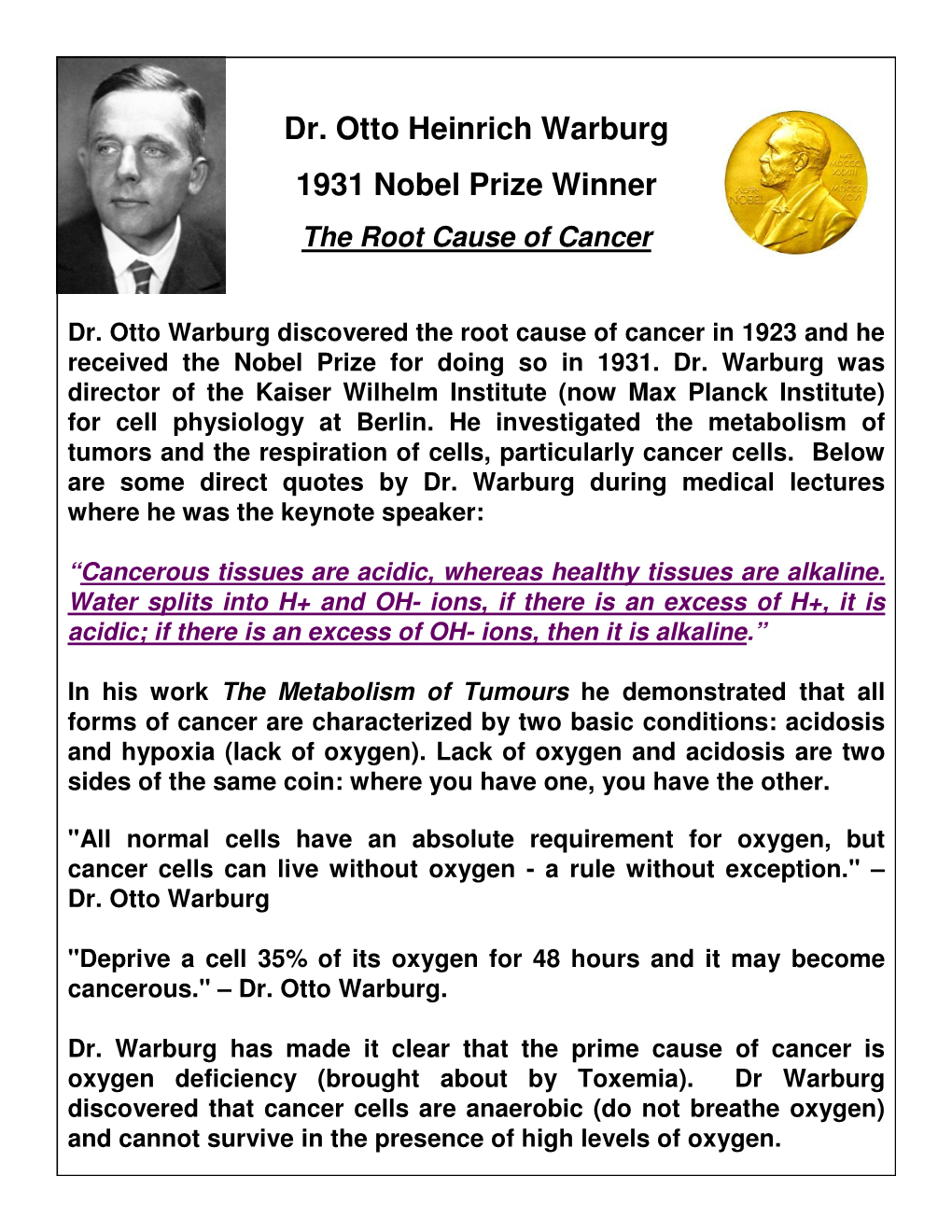 Dr. Otto Heinrich Warburg 1931 Nobel Prize Winner the Root Cause of Cancer