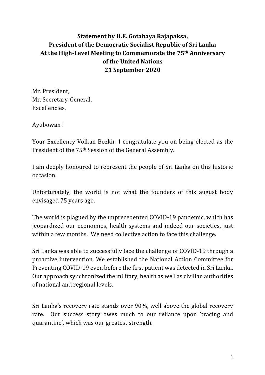 Statement by H.E. Gotabaya Rajapaksa, President of The