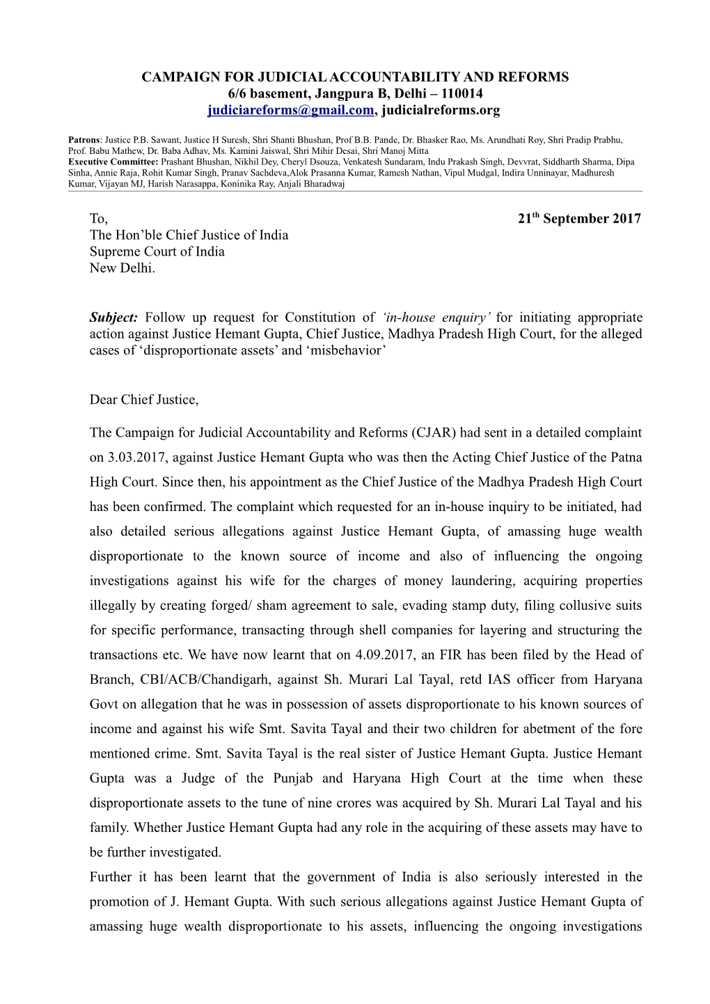 Letter to Dipak Misra