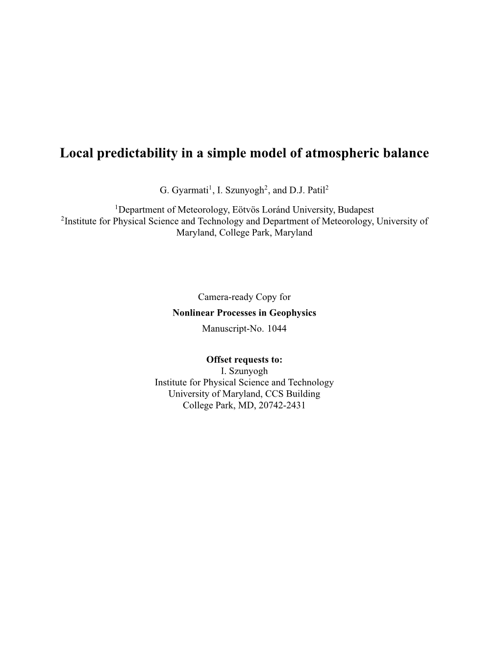 Local Predictability in a Simple Model of Atmospheric Balance