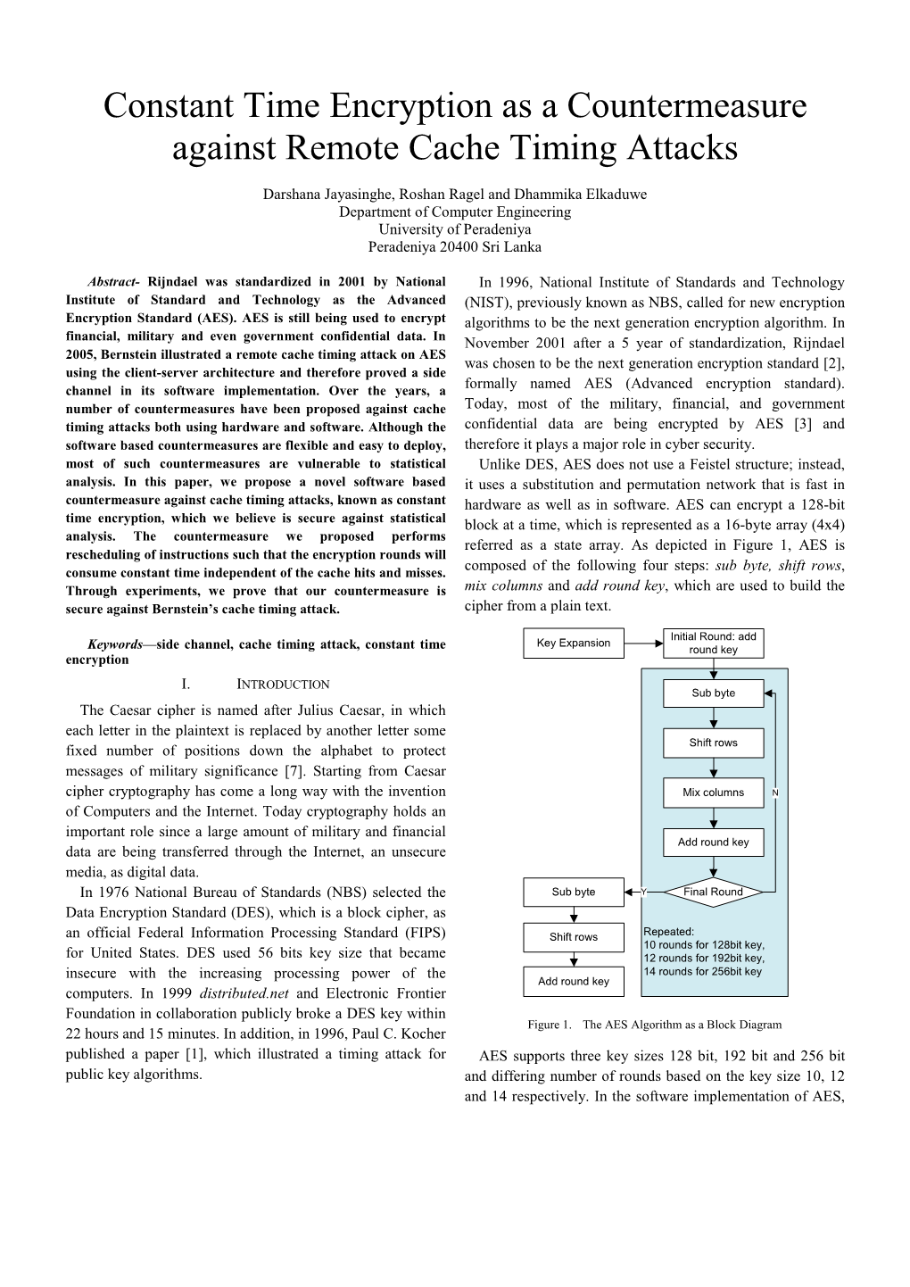 Constant Time Encryption As a Countermeasure Against Remote Cache Timing Attacks