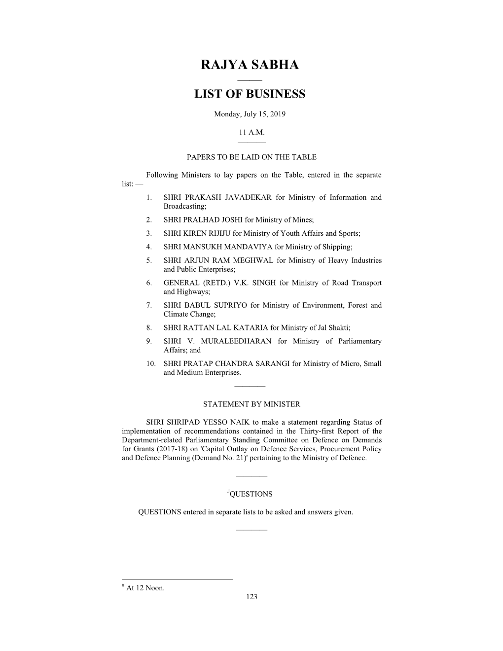 Rajya Sabha —— List of Business