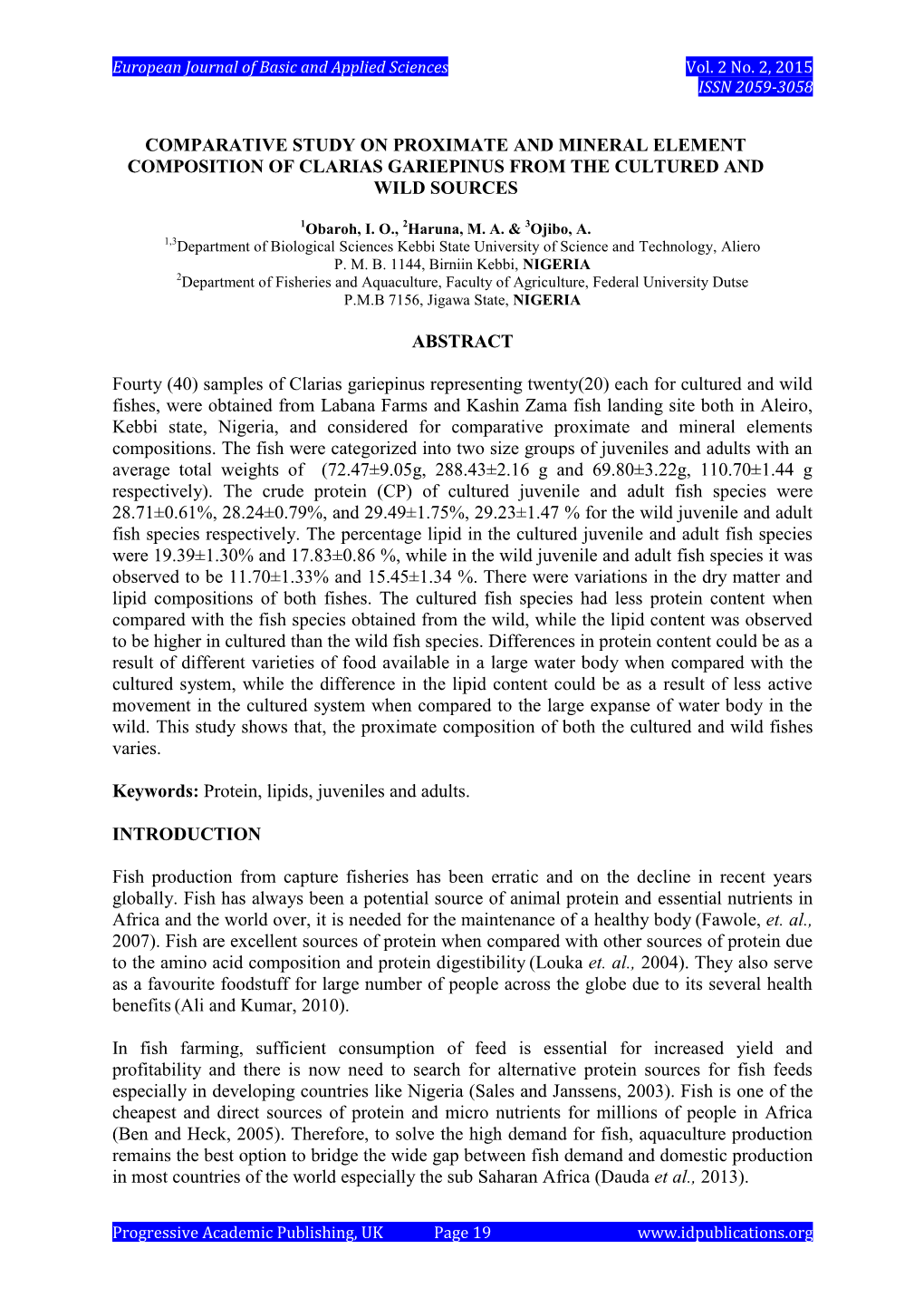 Comparative Study on Proximate and Mineral Element Composition of Clarias Gariepinus from the Cultured and Wild Sources