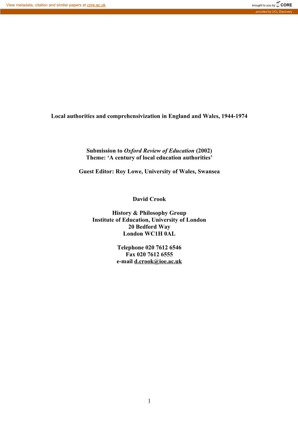 Local Authorities and Comprehensivization in England and Wales, 1944-1974