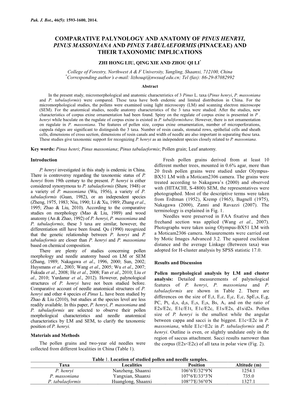 Comparative Palynology and Anatomy of Pinus Henryi, Pinus Massoniana and Pinus Tabulaeformis (Pinaceae) and Their Taxonomic Im