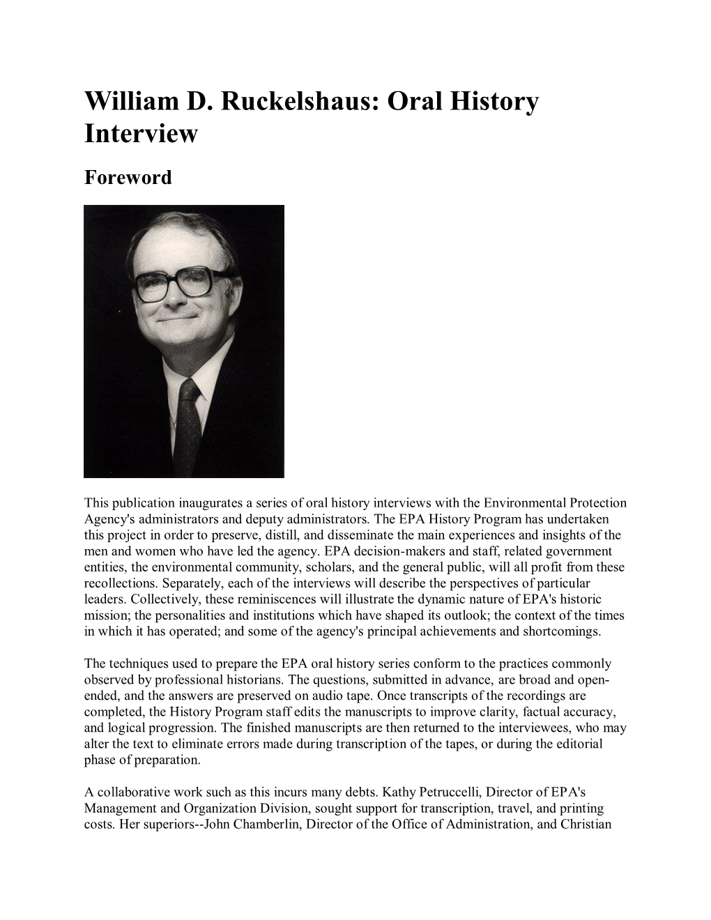 William D. Ruckelshaus: Oral History Interview Foreword