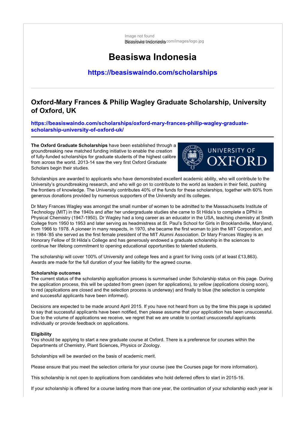 Oxford-Mary Frances & Philip Wagley Graduate Scholarship, University of Oxford, UK