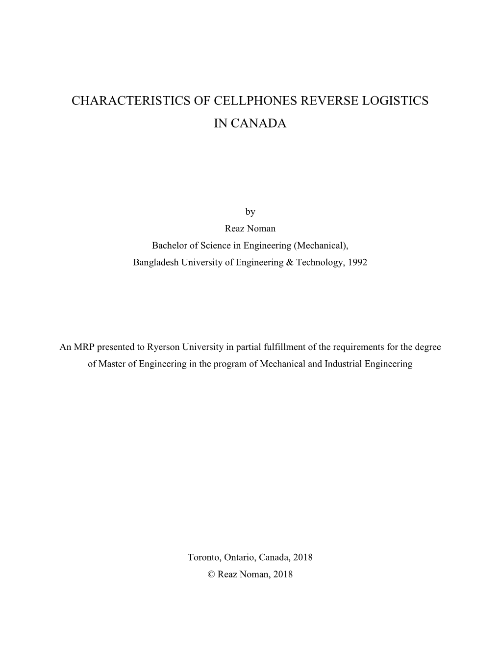 Characteristics of Cellphones Reverse Logistics in Canada