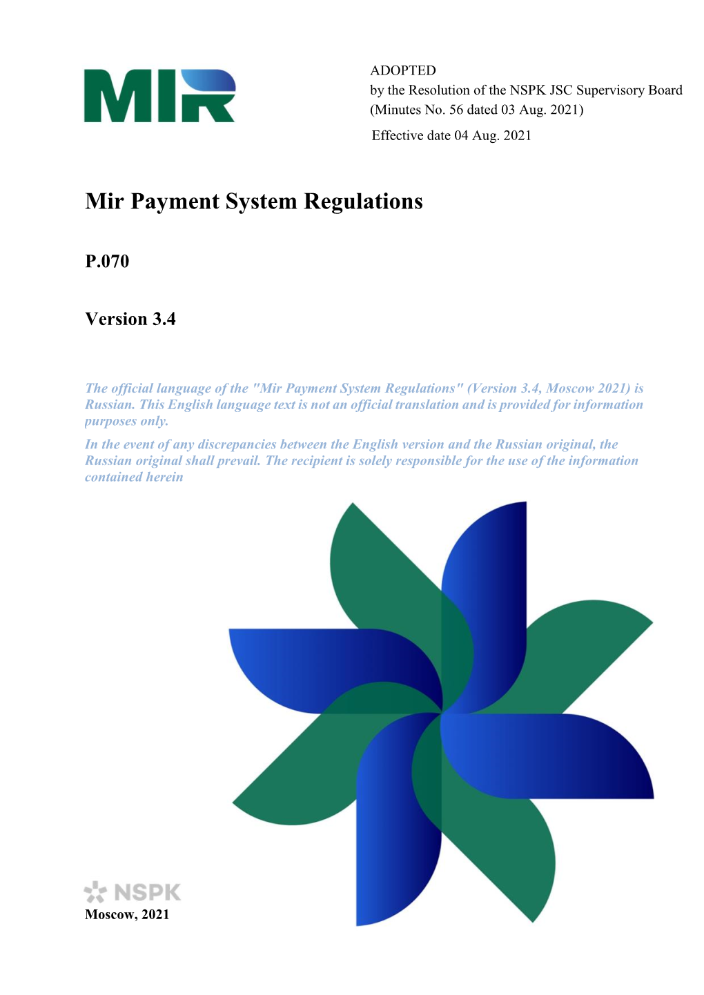 Mir Payment System Regulations V.3.4