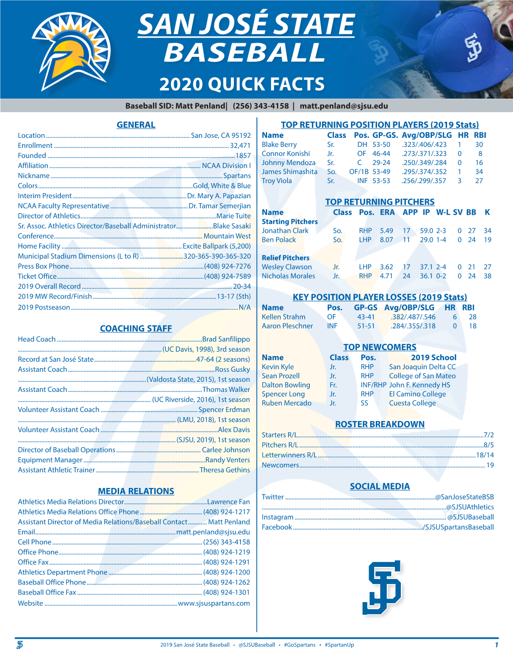 SAN JOSÉ STATE BASEBALL 2020 QUICK FACTS Baseball SID: Matt Penland| (256) 343-4158 | Matt.Penland@Sjsu.Edu