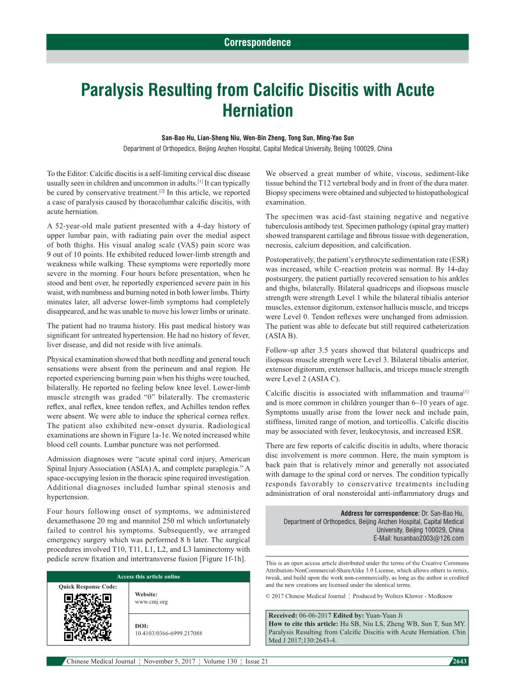 Paralysis Resulting from Calcific Discitis with Acute Herniation