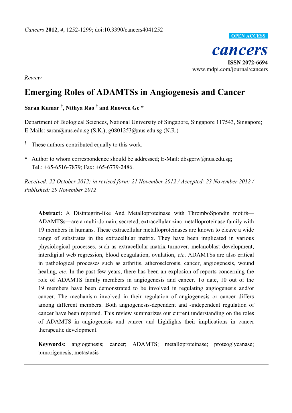 Emerging Roles of Adamtss in Angiogenesis and Cancer
