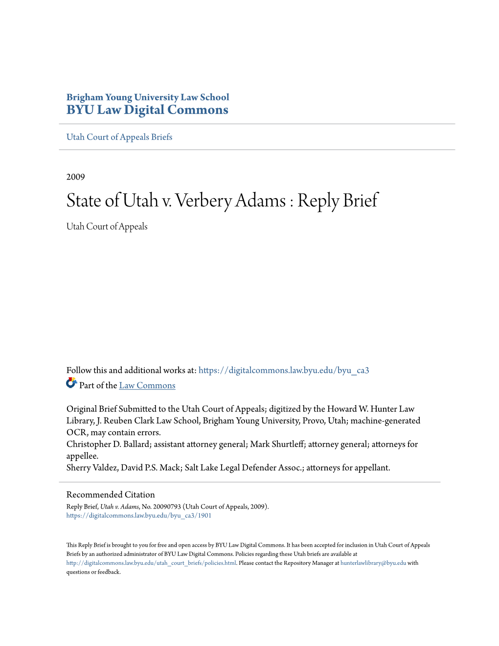 State of Utah V. Verbery Adams : Reply Brief Utah Court of Appeals